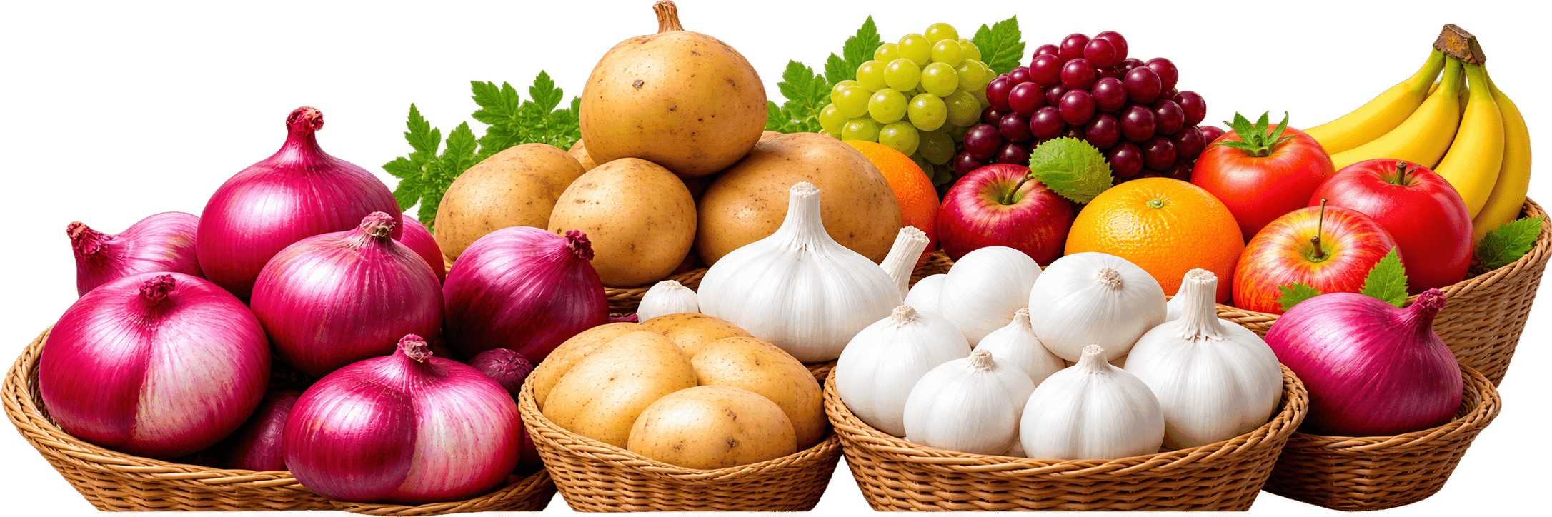 Fresh Baskets of Bulk Produce - Onions, Potatoes, Garlic, Eggs, and Fruits
