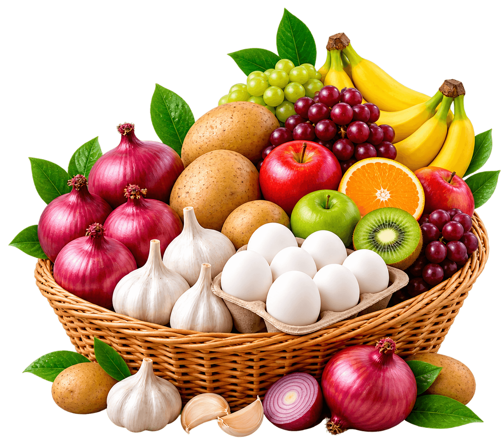 Fresh farm produce - onions, garlic, potatoes, eggs, and fruits